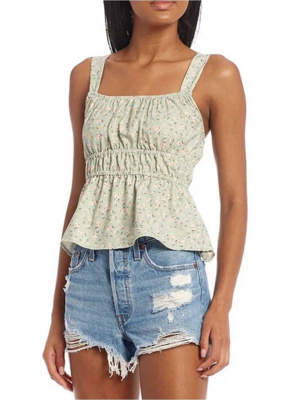 Originality Women's Size Large
Square Neck Floral Printed
Peplum Tank In Sage